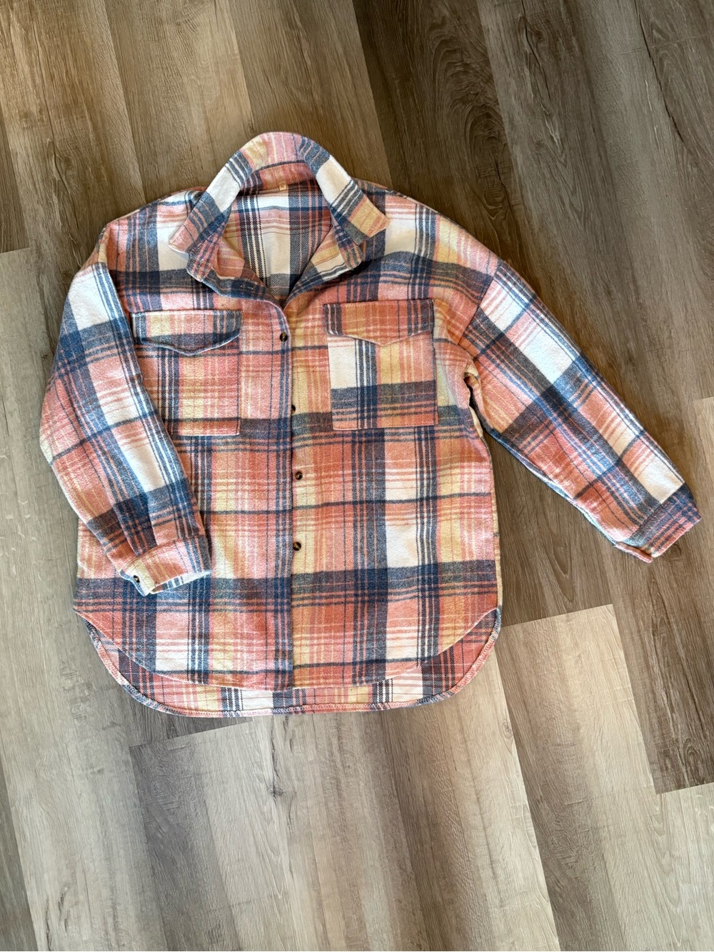 Women’s XL Plaid Button-Down Shirt Jacket in Orange & Blue Cabincore Cozy